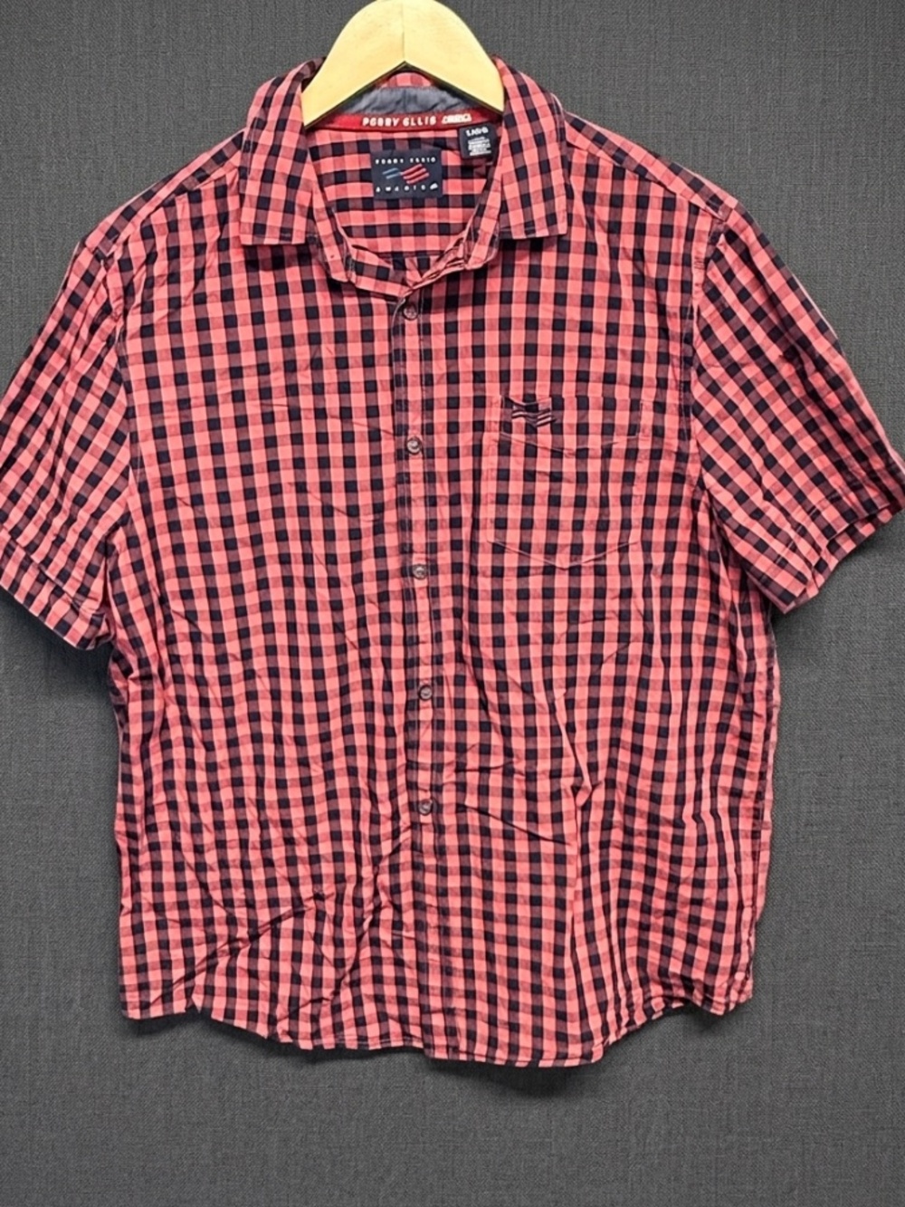 Perry Ellis America Shirt Mens Large Red Black Gingham Check Short Sleeve Button
